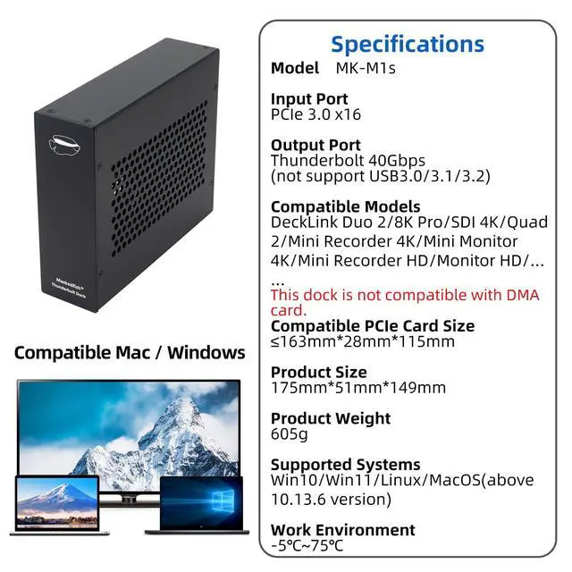 Alt view image 5 of 6 - PCIe Express to Thunderbolt 3/4 USB4 Dock, one PCIe 3.0 x16 Slot Input, Compatible with DeckLink Capture Card. Aluminum Alloy Housing Enclosure for Laptops/Desktops (MK-M1s)