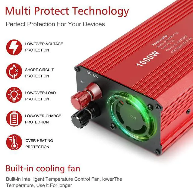 Alt view image 2 of 7 - 1000W/2000W(Peak) Power Inverter for Vehicles, DC 12V to 110V AC Converter with Dual AC Outlets and Dual USB Car Charger for Car Laptop Computer