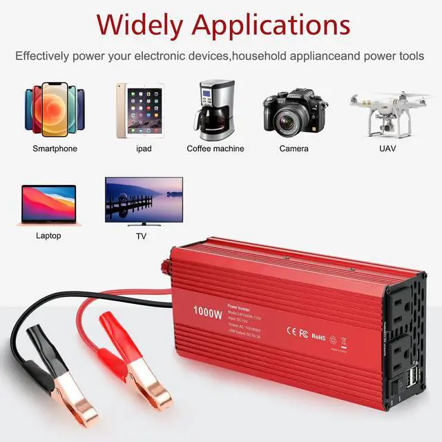 Alt view image 3 of 7 - 1000W/2000W(Peak) Power Inverter for Vehicles, DC 12V to 110V AC Converter with Dual AC Outlets and Dual USB Car Charger for Car Laptop Computer
