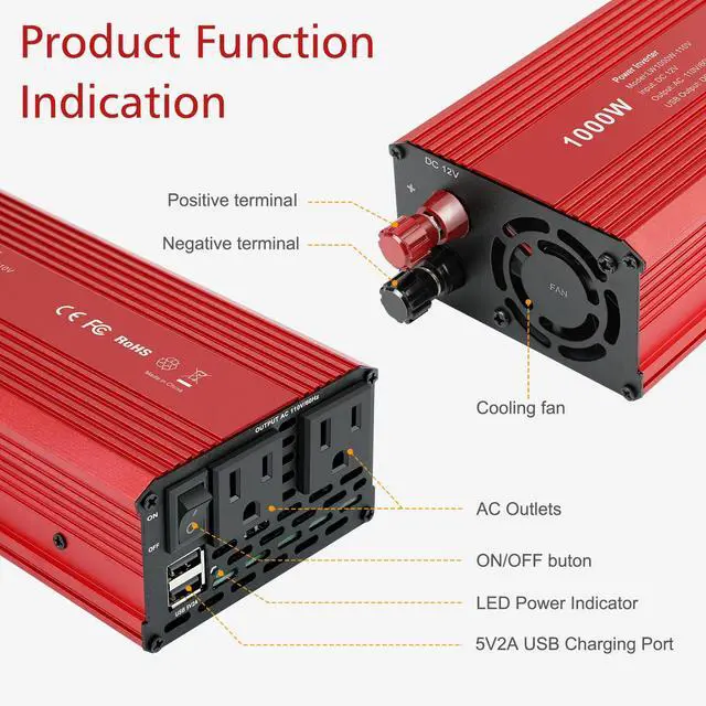 Alt view image 4 of 7 - 1000W/2000W(Peak) Power Inverter for Vehicles, DC 12V to 110V AC Converter with Dual AC Outlets and Dual USB Car Charger for Car Laptop Computer