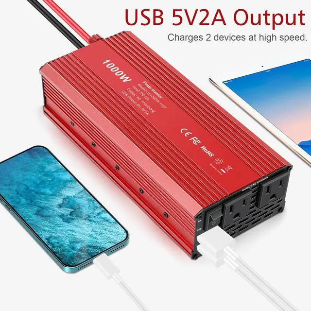 Alt view image 6 of 7 - 1000W/2000W(Peak) Power Inverter for Vehicles, DC 12V to 110V AC Converter with Dual AC Outlets and Dual USB Car Charger for Car Laptop Computer