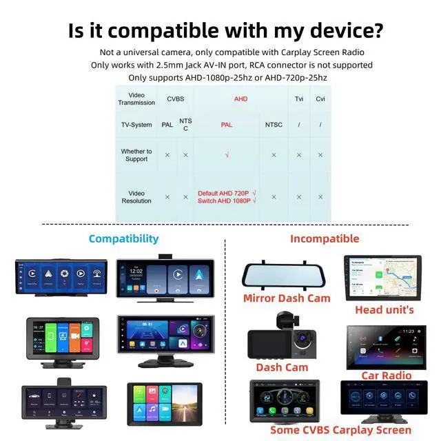Alt view image 3 of 7 - 4 Pin Backup Camera for Carplay Screen Monitor Support Mirror Image AHD 1080P Reverse Camera 2.5mm Jack to 4 Pin Front/Rear View Camera, 20ft Male Plug