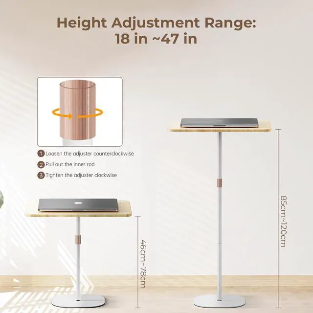 Alt view image 3 of 7 - Portable Laptop Floor Stand, Bedside/Sofa Table with Height Adjustable 18''~47'', Stylish Movable Workstation Floor Standing Desk for Office, Meeting Room, Living Room Easy Assembly, White