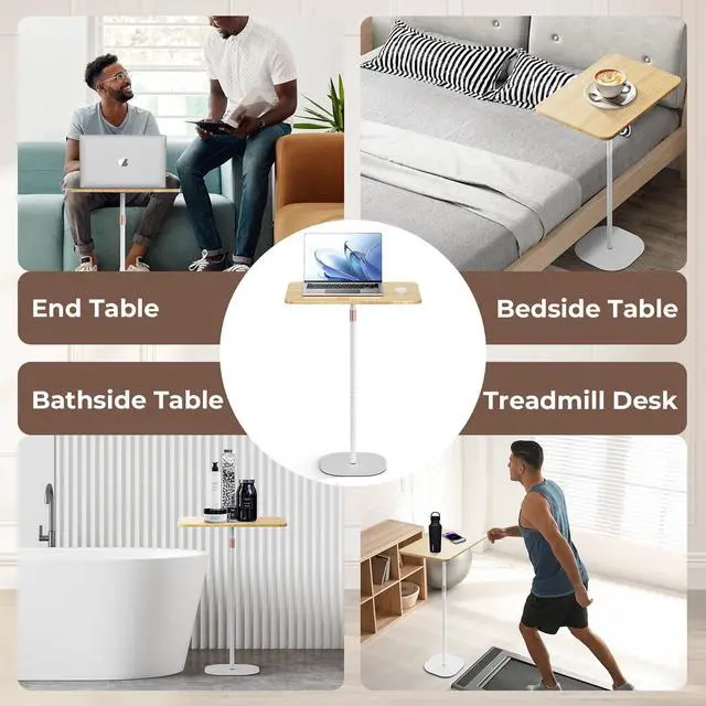 Alt view image 4 of 7 - Portable Laptop Floor Stand, Bedside/Sofa Table with Height Adjustable 18''~47'', Stylish Movable Workstation Floor Standing Desk for Office, Meeting Room, Living Room Easy Assembly, White