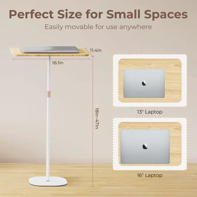 Alt view image 6 of 7 - Portable Laptop Floor Stand, Bedside/Sofa Table with Height Adjustable 18''~47'', Stylish Movable Workstation Floor Standing Desk for Office, Meeting Room, Living Room Easy Assembly, White