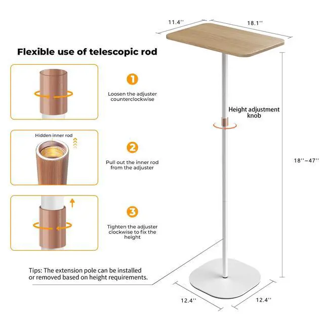 Alt view image 7 of 7 - Portable Laptop Floor Stand, Bedside/Sofa Table with Height Adjustable 18''~47'', Stylish Movable Workstation Floor Standing Desk for Office, Meeting Room, Living Room Easy Assembly, White
