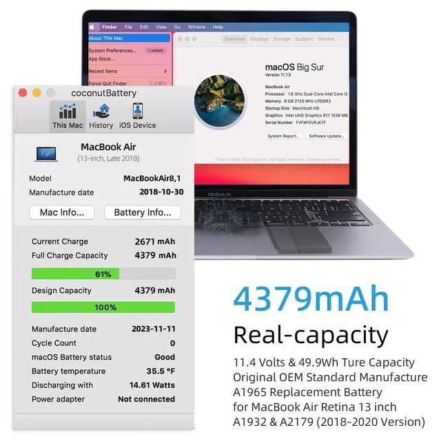 Alt view image 4 of 7 - A1965 Battery & Tool Kit for MacBook Air 13 inch A1932 A2179 | Replace for MacBook Air 13 2018 2019 2020 Release Model A1932 EMC 3184 & A2179 EMC 3302 (Support to 1000+ Charging Cycles)