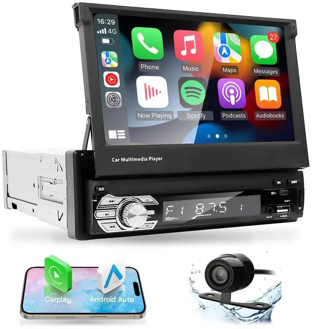 Main image of Single Din Carplay Android-Auto-Car-Radio 7-inch Flip Out Touchscreen | Type-C&USB Bluetooth Backup Camera FM/RDS MP5 Player Manual screen