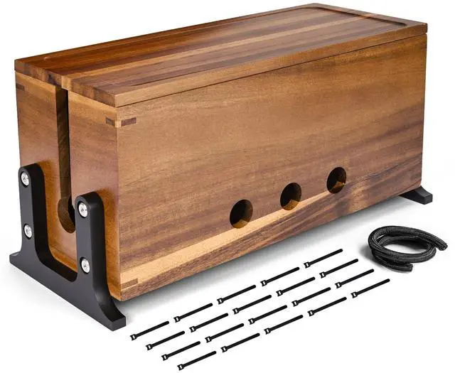 Main image of Extra Large Acacia Wood Cable Management Box, Pet Child Safe Cord Hider | Home Decor Cord Organizer, Sturdy Cable Hider Box for Power Strip, TV Wires, Desk & Floor & Office Under Desk Cable