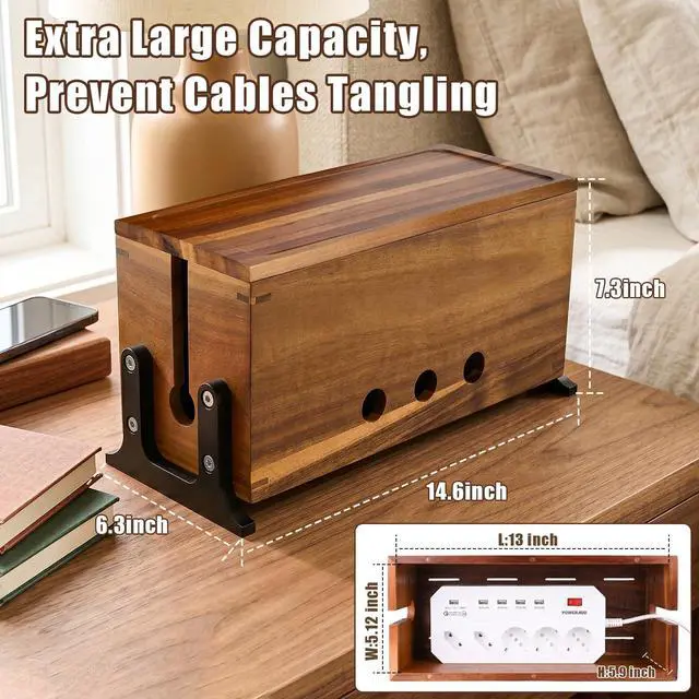 Alt view image 2 of 7 - Extra Large Acacia Wood Cable Management Box, Pet Child Safe Cord Hider | Home Decor Cord Organizer, Sturdy Cable Hider Box for Power Strip, TV Wires, Desk & Floor & Office Under Desk Cable