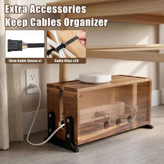 Alt view image 3 of 7 - Extra Large Acacia Wood Cable Management Box, Pet Child Safe Cord Hider | Home Decor Cord Organizer, Sturdy Cable Hider Box for Power Strip, TV Wires, Desk & Floor & Office Under Desk Cable