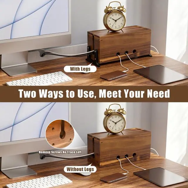 Alt view image 4 of 7 - Extra Large Acacia Wood Cable Management Box, Pet Child Safe Cord Hider | Home Decor Cord Organizer, Sturdy Cable Hider Box for Power Strip, TV Wires, Desk & Floor & Office Under Desk Cable