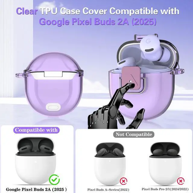Alt view image 2 of 7 - Case for Google Pixel Buds 2a Case Cover, Clear TPU Cover with Secure Lock Shockproof Protective Skin Case for Google Pixel Buds 2a 2025 with Keychain &Cleaner Kit for Girls Boy (Clear Purple)