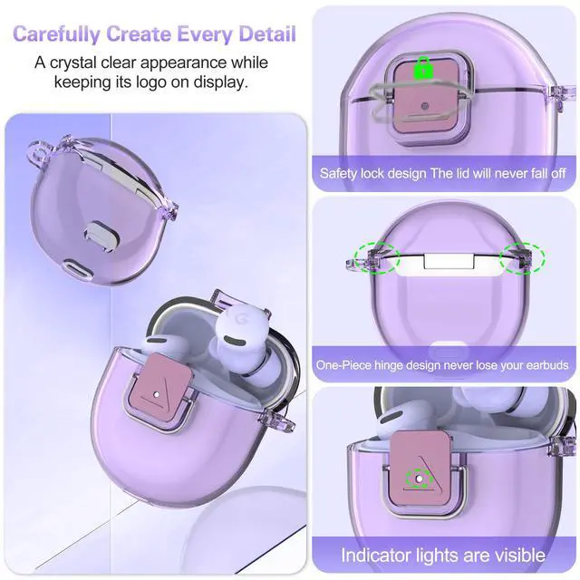 Alt view image 5 of 7 - Case for Google Pixel Buds 2a Case Cover, Clear TPU Cover with Secure Lock Shockproof Protective Skin Case for Google Pixel Buds 2a 2025 with Keychain &Cleaner Kit for Girls Boy (Clear Purple)