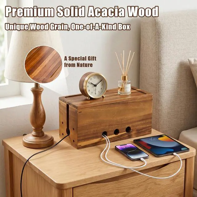 Alt view image 7 of 7 - Extra Large Acacia Wood Cable Management Box, Pet Child Safe Cord Hider | Home Decor Cord Organizer, Sturdy Cable Hider Box for Power Strip, TV Wires, Desk & Floor & Office Under Desk Cable