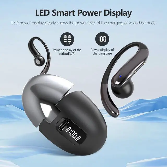 Alt view image 2 of 7 - Open Ear Bone Conduction HeadphonesOver Ear Earbuds with Ergonomic Earhook,Bluetooth Headphones 5.4 with Smart Digital Display,50H Playtime,IPX7 Waterproof,Design for Running Walking Black