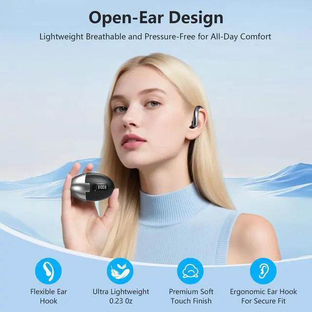 Alt view image 5 of 7 - Open Ear Bone Conduction HeadphonesOver Ear Earbuds with Ergonomic Earhook,Bluetooth Headphones 5.4 with Smart Digital Display,50H Playtime,IPX7 Waterproof,Design for Running Walking Black