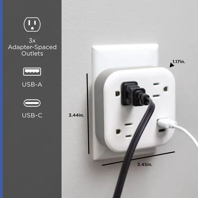 Alt view image 3 of 6 - UltraPro 3-Outlet Sur Protector Wall Tap, 980J, USB-C & USB-A Ports | Adapter-Spaced Outlets, Circuit Breaker, ETL Certified, Low-Profile Design, White, 85875