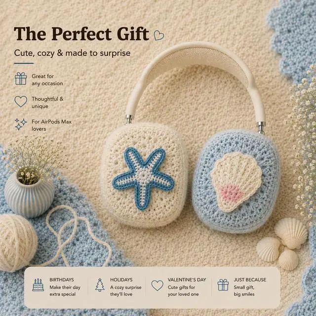 Alt view image 7 of 7 - Handmade Airpods Max Cover - Apple Headphone Cover Cute Design Crochet, Airpod Max Ear Covers, Airpod Max Accessories, Apple Max Pro Headphone Covers, Air Pod Max Stylish Design (Blue Starfish)