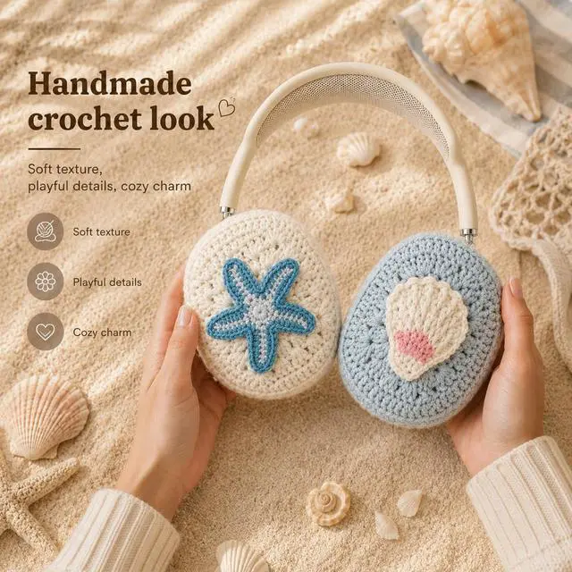 Alt view image 3 of 7 - Handmade Airpods Max Cover - Apple Headphone Cover Cute Design Crochet, Airpod Max Ear Covers, Airpod Max Accessories, Apple Max Pro Headphone Covers, Air Pod Max Stylish Design (Blue Starfish)