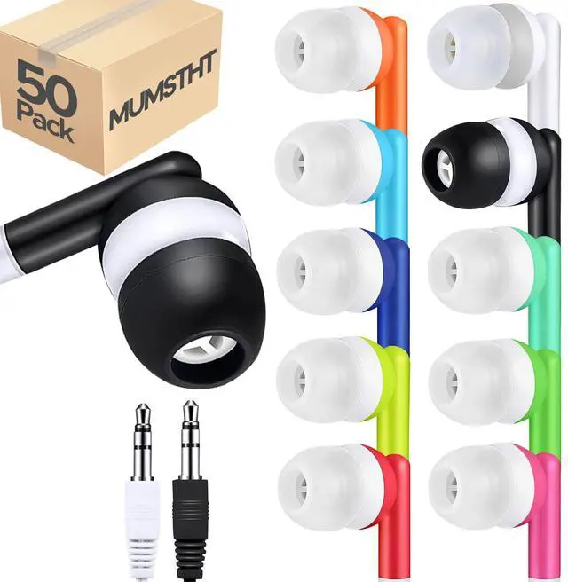 Main image of Kids Earbuds Bulk 50 Pack for School Classroom Libraries Students Children Boys Girls Toddler Adult Multi Colored Individually Bagged 3.5mm Jack (YS101)