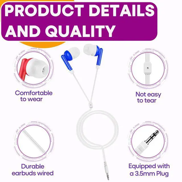 Alt view image 3 of 7 - Kids Earbuds Bulk 50 Pack for School Classroom Libraries Students Children Boys Girls Toddler Adult Multi Colored Individually Bagged 3.5mm Jack (YS101)
