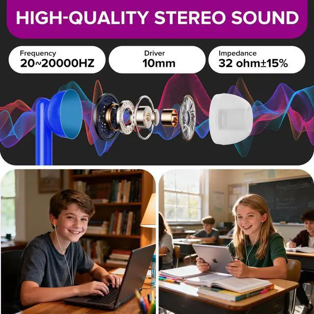 Alt view image 5 of 7 - Kids Earbuds Bulk 50 Pack for School Classroom Libraries Students Children Boys Girls Toddler Adult Multi Colored Individually Bagged 3.5mm Jack (YS101)