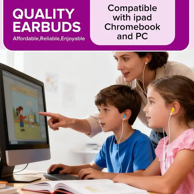 Alt view image 7 of 7 - Kids Earbuds Bulk 50 Pack for School Classroom Libraries Students Children Boys Girls Toddler Adult Multi Colored Individually Bagged 3.5mm Jack (YS101)