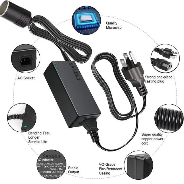 Alt view image 2 of 6 - AC to DC Converter 5A Car Cigarette Lighter Socket, 120V to 12V Supply Adapter Transformer for Electric Air Pump, Car Fan and Other Devices Under 60W (5A)