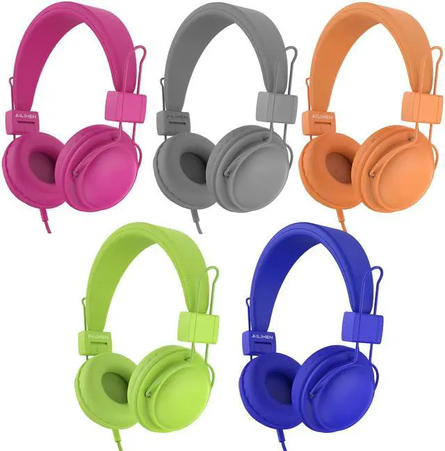 Main image of Kids Headphones Wired Bulk 5-Pack for K-5 School Library Travel | HD Mic, 85dB Volume Limit, SharePort, Sticker, 3.5mm Headphones for Classroom/Online Learning/Computer/Chromebook-Colorful