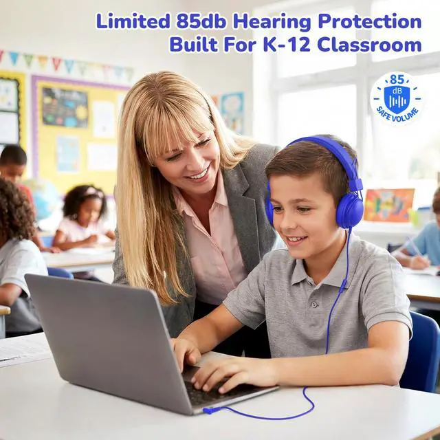 Alt view image 2 of 7 - Kids Headphones Wired Bulk 5-Pack for K-5 School Library Travel | HD Mic, 85dB Volume Limit, SharePort, Sticker, 3.5mm Headphones for Classroom/Online Learning/Computer/Chromebook-Colorful