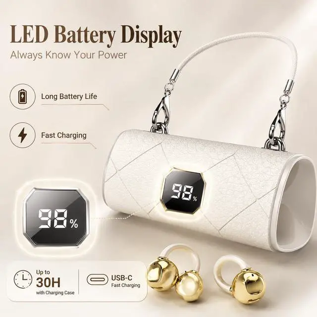 Alt view image 5 of 7 - Carrying Bag Battery Compartment Smart Wireless Earbuds Bluetooth 6.0 Open Ear Clip Headset Built-in Mic Ear Hook Design Compatible with iOS and Android (White)
