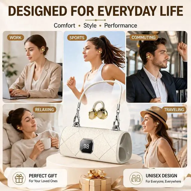 Alt view image 7 of 7 - Carrying Bag Battery Compartment Smart Wireless Earbuds Bluetooth 6.0 Open Ear Clip Headset Built-in Mic Ear Hook Design Compatible with iOS and Android (White)