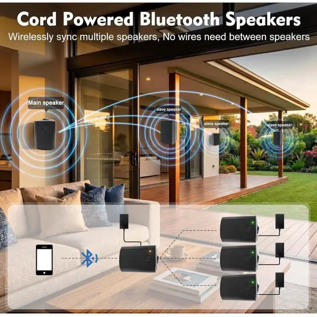 Alt view image 4 of 7 - 5.25" 300W Outdoor Bluetooth Speakers, IPX5 Waterproof Rating and Be Able to Wireless Multi-Connection Up to 20 Units for Patio/Porch/Balcony (Black, 2-Pack)