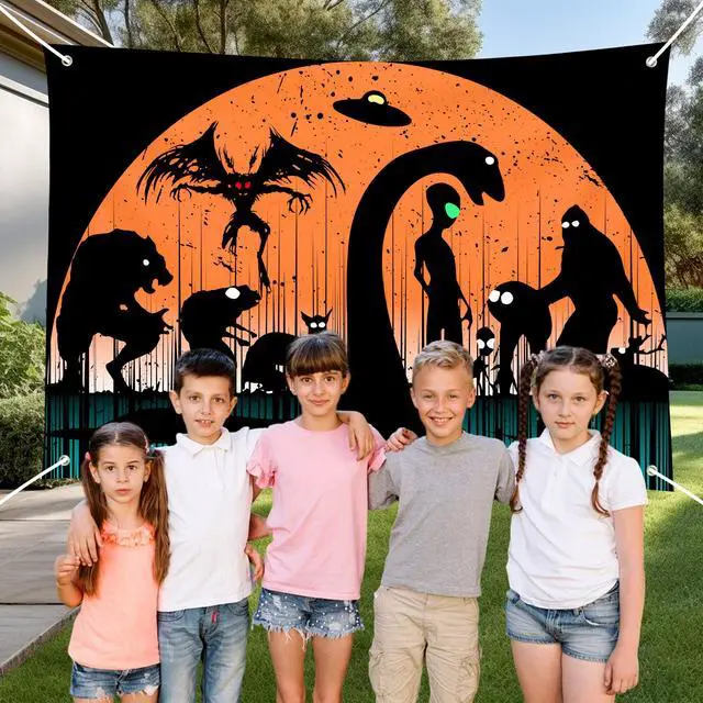 Alt view image 3 of 6 - Mysterious Creatures Silhouette Backdrop Banner - Bigfoot, Werewolf, Mothman, Alien UFO & Loch Ness Monster Design for Halloween Photography, Studio Background, Scary Party 72x43 Inch
