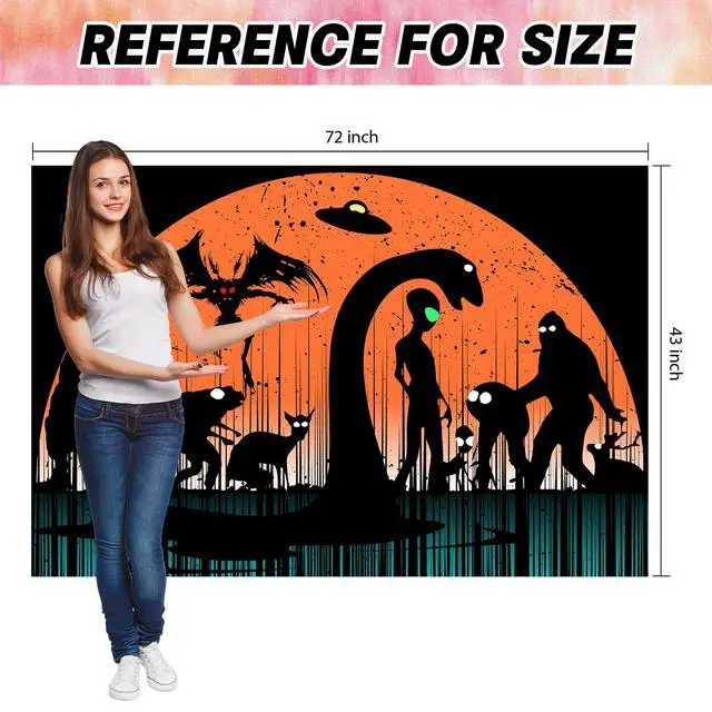 Alt view image 6 of 6 - Mysterious Creatures Silhouette Backdrop Banner - Bigfoot, Werewolf, Mothman, Alien UFO & Loch Ness Monster Design for Halloween Photography, Studio Background, Scary Party 72x43 Inch