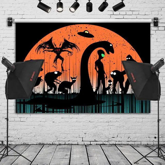 Alt view image 2 of 6 - Mysterious Creatures Silhouette Backdrop Banner - Bigfoot, Werewolf, Mothman, Alien UFO & Loch Ness Monster Design for Halloween Photography, Studio Background, Scary Party 72x43 Inch
