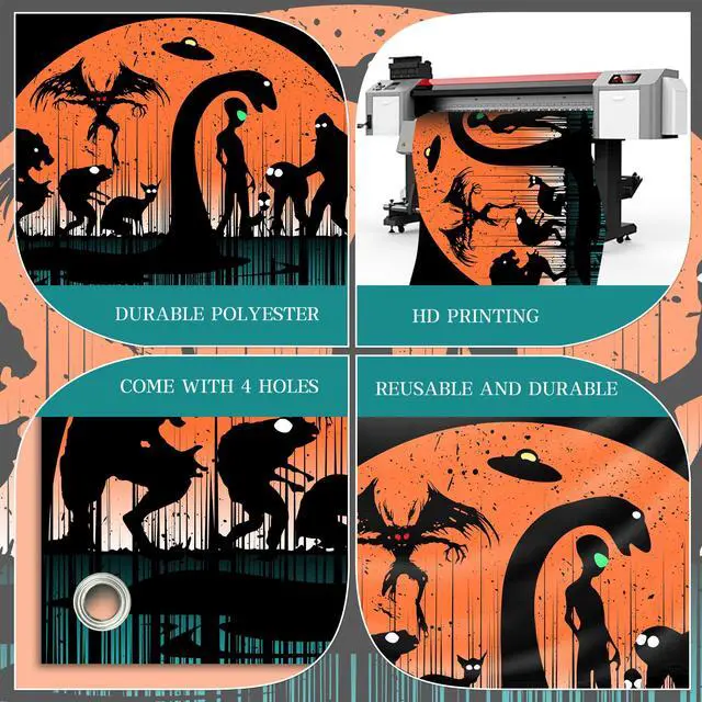 Alt view image 5 of 6 - Mysterious Creatures Silhouette Backdrop Banner - Bigfoot, Werewolf, Mothman, Alien UFO & Loch Ness Monster Design for Halloween Photography, Studio Background, Scary Party 72x43 Inch