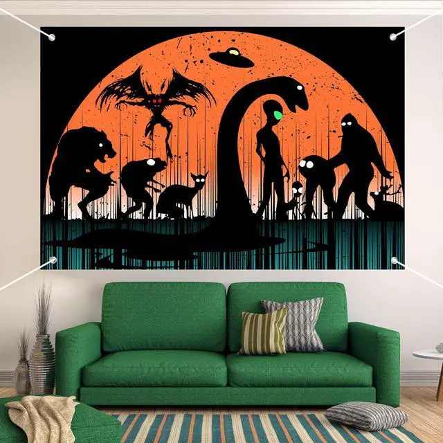 Alt view image 4 of 6 - Mysterious Creatures Silhouette Backdrop Banner - Bigfoot, Werewolf, Mothman, Alien UFO & Loch Ness Monster Design for Halloween Photography, Studio Background, Scary Party 72x43 Inch