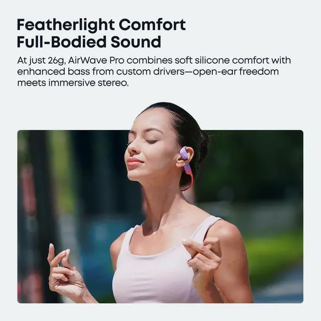 Alt view image 2 of 7 - Running Headphones AirWave Pro, Open Ear Lightweight Skin-Friendly Comfort, Superior Sound, IP67 Waterproof, Built-in 32GB MP3 Mode, 17.5Hrs Battery Life (Purple)