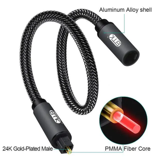 Alt view image 3 of 7 - Optical Extension Cable Male to Female Coupler Cord Nylon Braided Jacket 24K Gold-Plated Fiber Digital Extension Adapter Cable for Home Theater Sound bar TV 3.3ft