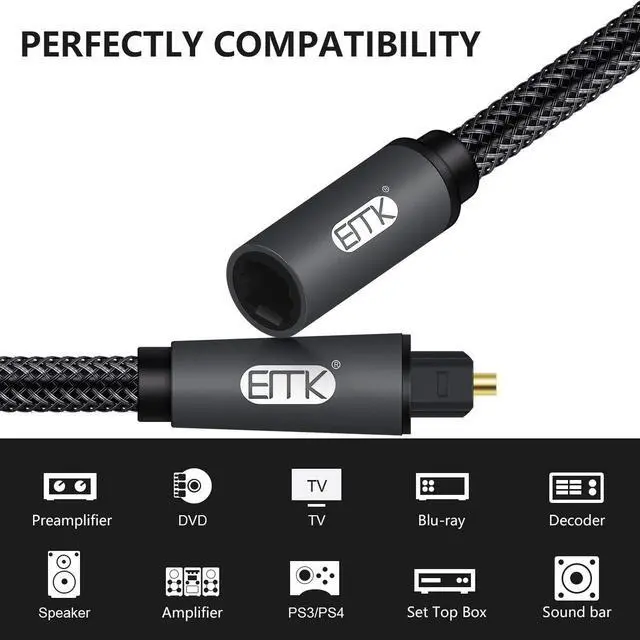Alt view image 4 of 7 - Optical Extension Cable Male to Female Coupler Cord Nylon Braided Jacket 24K Gold-Plated Fiber Digital Extension Adapter Cable for Home Theater Sound bar TV 3.3ft