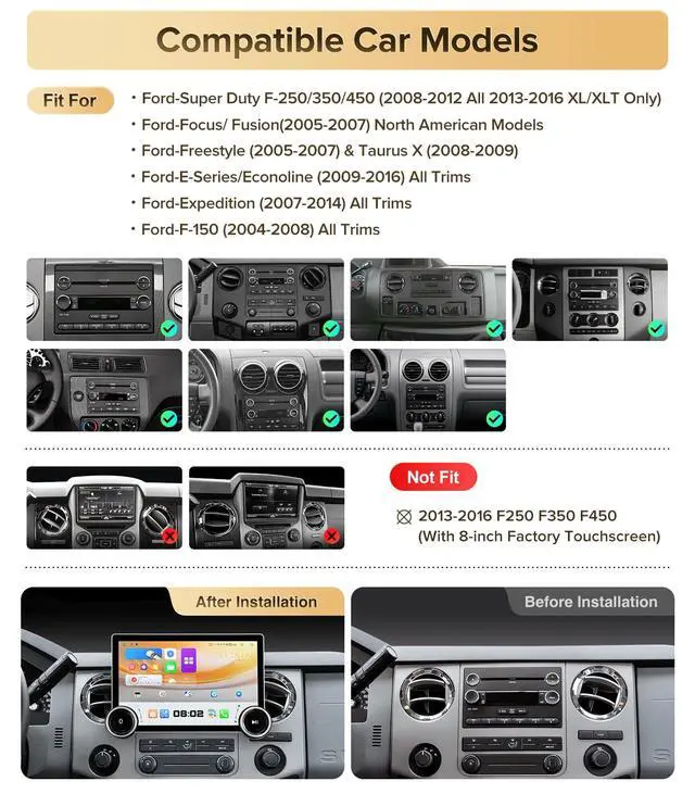 Alt view image 2 of 7 - 11.5in Car Stereo for Ford F150 F250 F350 2004-2016 CarPlay Auto | Fits F150 04-08 F250 F350 08-16, 4G+64GB ROM for Offline Maps, Dual Knobs for Bumpy Roads, QLED Screen, 1080P Camera