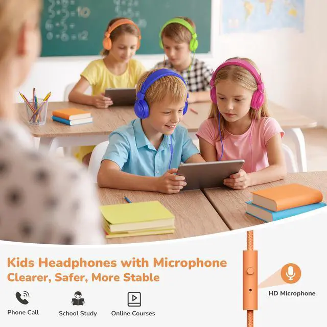 Alt view image 4 of 7 - Kids Headphones Wired Bulk 5-Pack for K-5 School Library Travel | HD Mic, 85dB Volume Limit, SharePort, Sticker, 3.5mm Headphones for Classroom/Online Learning/Computer/Chromebook-Colorful