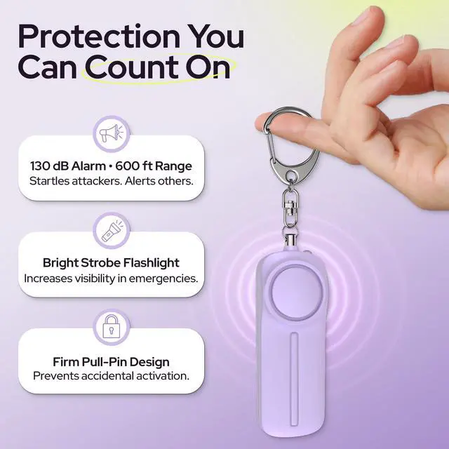 Alt view image 2 of 7 - Personal Safety Alarm Keychain - 130dB Siren, LED Light, Panic Pin Compact Self-Defense Device and Emergency Whistle Alternative for Women, College, Travel, and Night Walk Protection (Purple)