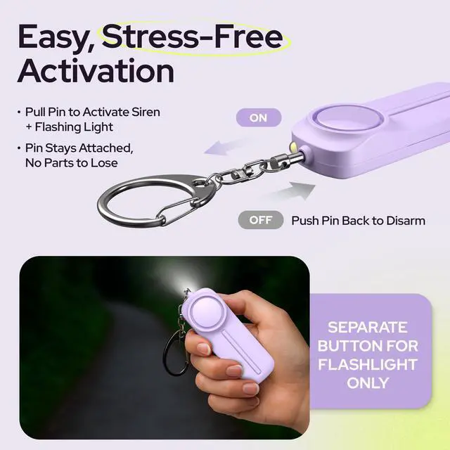 Alt view image 3 of 7 - Personal Safety Alarm Keychain - 130dB Siren, LED Light, Panic Pin Compact Self-Defense Device and Emergency Whistle Alternative for Women, College, Travel, and Night Walk Protection (Purple)
