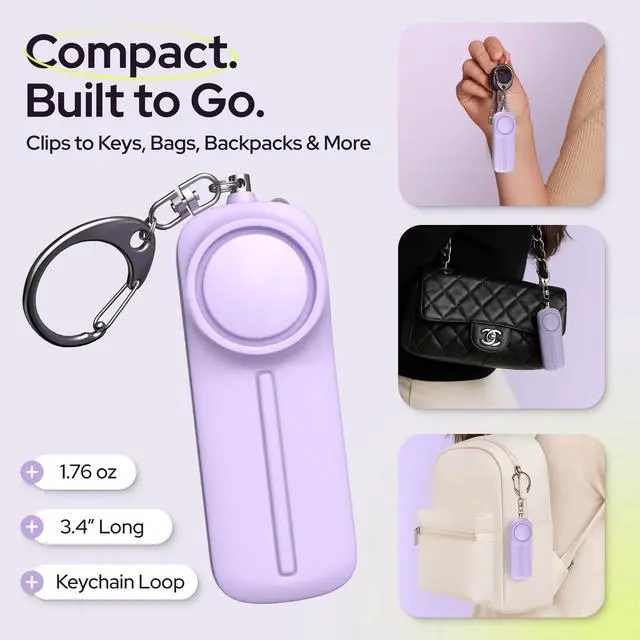 Alt view image 5 of 7 - Personal Safety Alarm Keychain - 130dB Siren, LED Light, Panic Pin Compact Self-Defense Device and Emergency Whistle Alternative for Women, College, Travel, and Night Walk Protection (Purple)