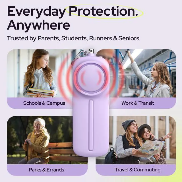 Alt view image 6 of 7 - Personal Safety Alarm Keychain - 130dB Siren, LED Light, Panic Pin Compact Self-Defense Device and Emergency Whistle Alternative for Women, College, Travel, and Night Walk Protection (Purple)