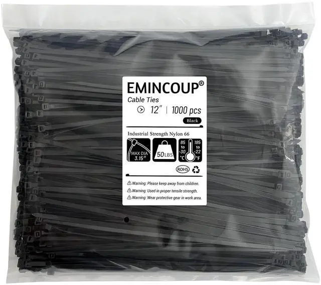 Main image of Zip Ties 12 inch 1000 Pack Black, 50 lbs Tensile Strength, Self-Locking Nylon Cable Ties, UV Resistant Plastic Wire Ties for Indoor and Outdoor Use by