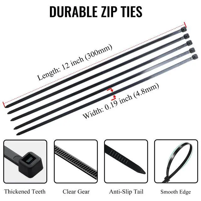 Alt view image 3 of 7 - Zip Ties 12 inch 1000 Pack Black, 50 lbs Tensile Strength, Self-Locking Nylon Cable Ties, UV Resistant Plastic Wire Ties for Indoor and Outdoor Use by